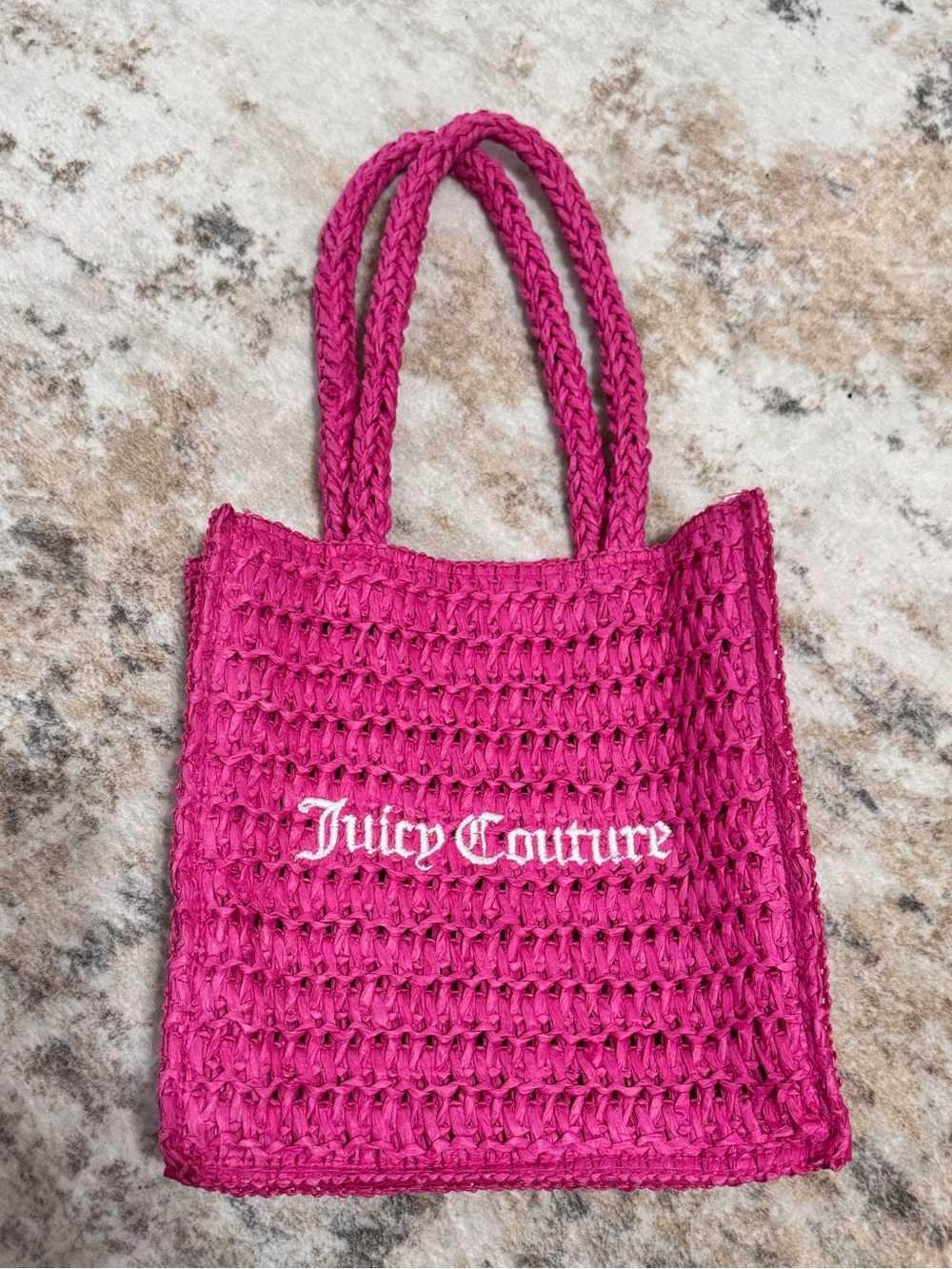 Juicy Couture Viva La Juicy Hot Pink Paper Straw Mesh Lined Knit Market Mini Bag